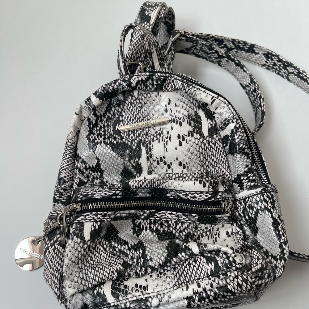 Steve Madden Black & White Faux Leather Snakeskin Mini Fashion Backpack